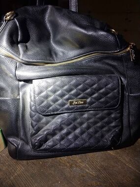 Quilted Front Black Leather Backpack with Gold Accents